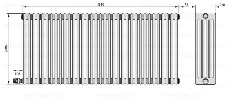 Схема (чертеж) Радиатор Zehnder Charleston 6200/35 №V004 Белый глянцевый RAL 9016
